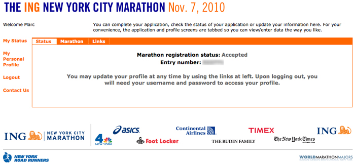 Screen shot of my marathon registration confirmation
